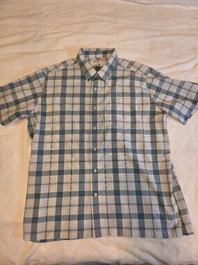 Haggar Cool 18 Tec Shirt Men's XXL Blue Plaid Short Sleeve Button Polyester
